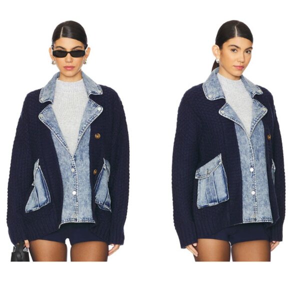 BLANKNYC Top Pick Blue Last Call Mixed Media Cardigan Sweater - Picture 1 of 4